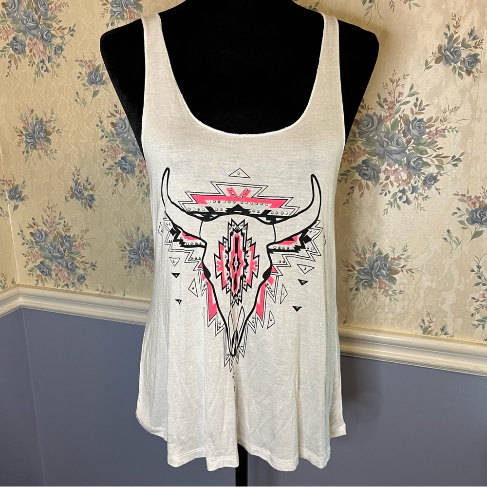 Miss Chievous tribal design w/pink Bull Skull Tank Top, Size S, NWT